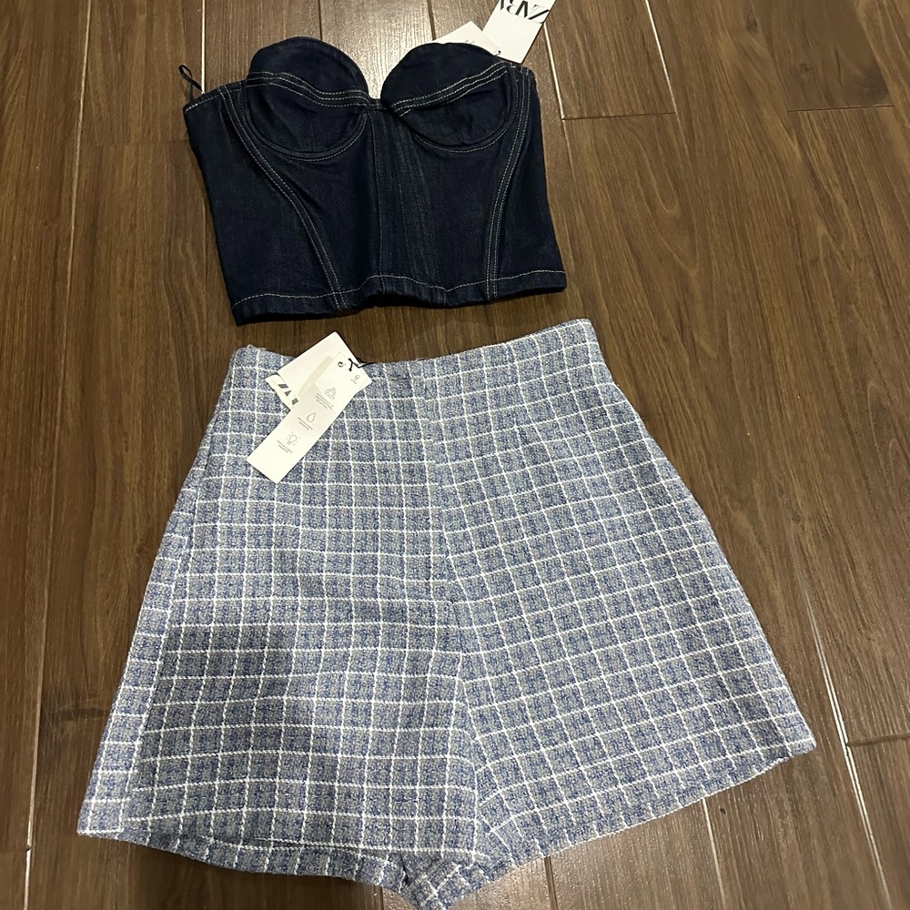 Zara two pieces of denim corset and and textured shorts